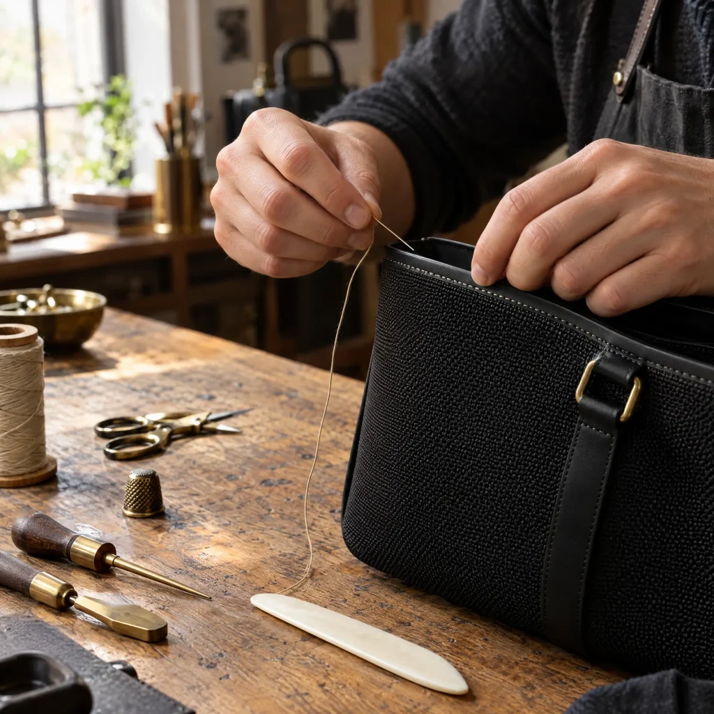 Hands stitching the edge of a Flavanti piece in the atelier