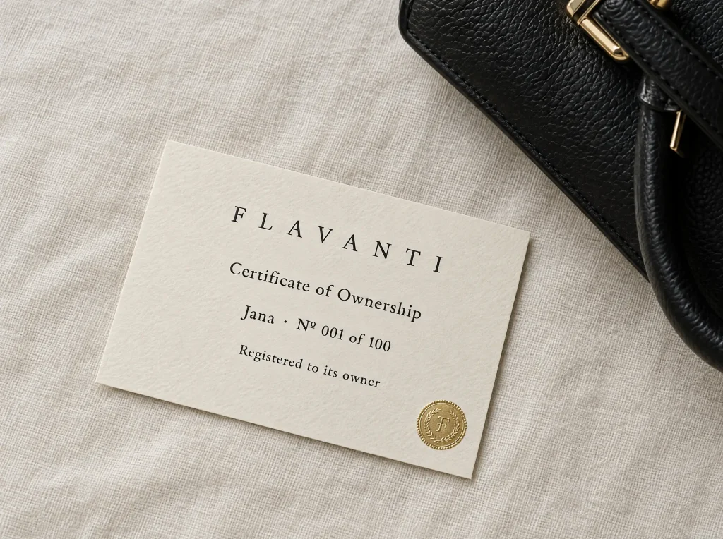 A Flavanti Certificate of Ownership card beside Jana