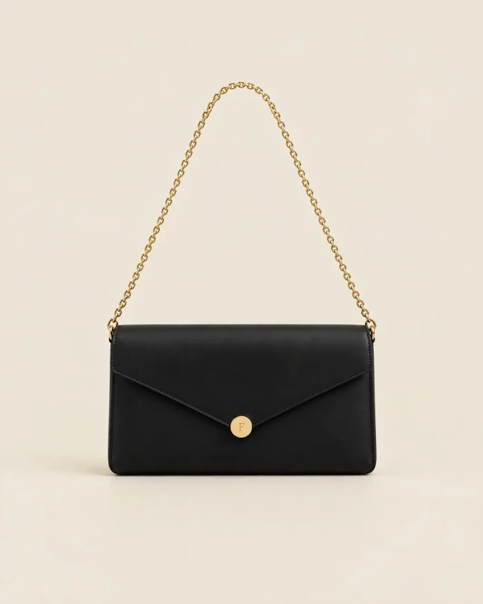 Duchessa small black envelope bag on a gold chain