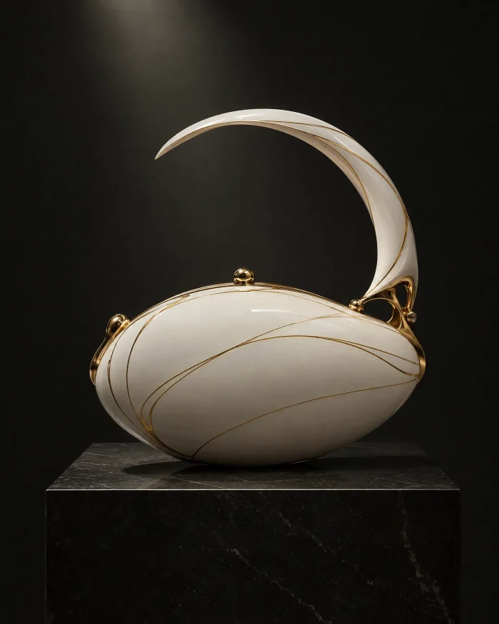 Opera Unica sculptural bone-white bag on a black stone plinth